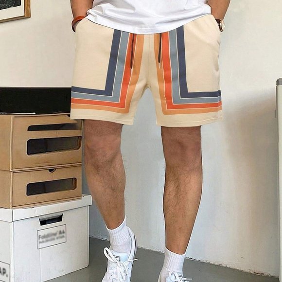 . Other - Khaki Casual Mens Striped Print Drawstring Waist Shorts